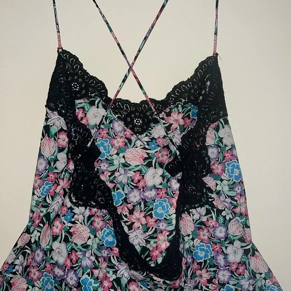 Vintage Vassarette Floral Chemise with Black Lace slip/dress large
